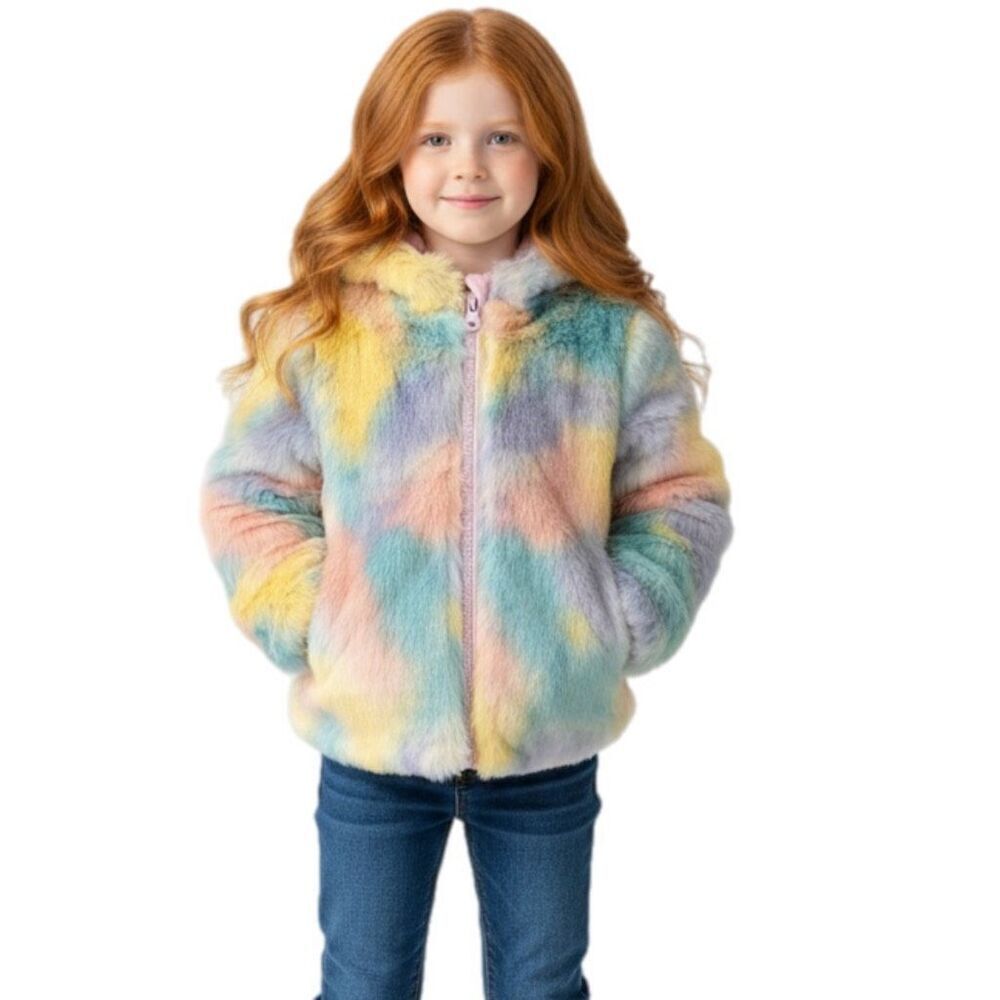NWT Stella McCartney Kids Faux Fur Jacket in multi pastel color. Size 4